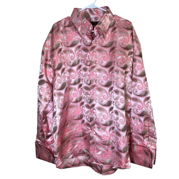 MANZINI Pink Jacquard Paisley Men’s Dress Shirt Long Sleeve Satin Italian Sz 2XL - Picture 2 of 10